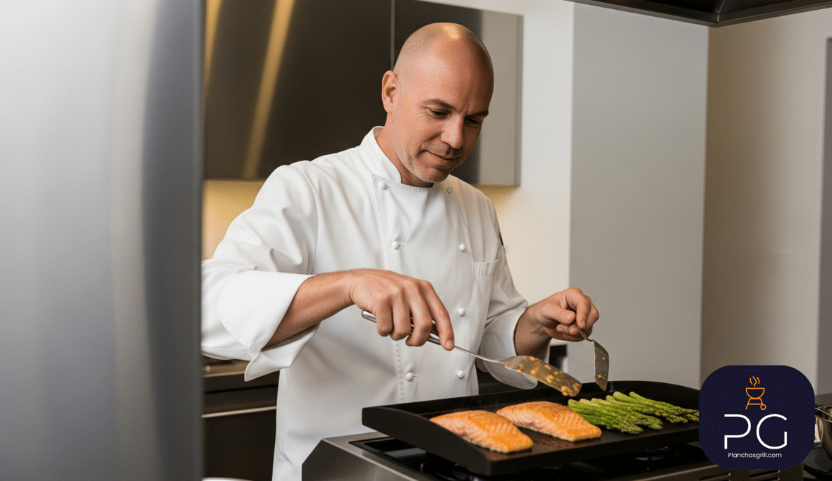 Chef Cole Sterling analizando el rendimiento de una plancha eléctrica moderna